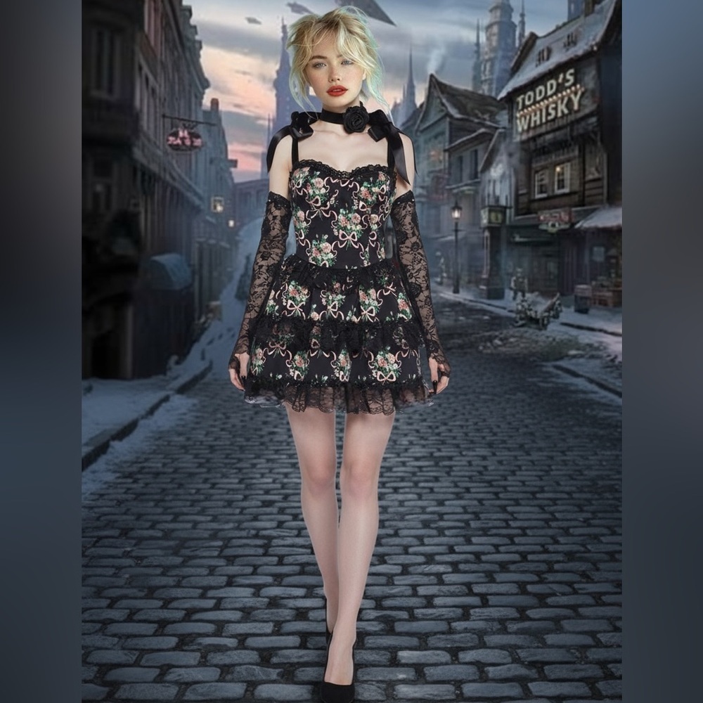 NWT Widow Bewitched Bloom Mini Dress w/ Petticoat Corset Satin Shoulder Ties